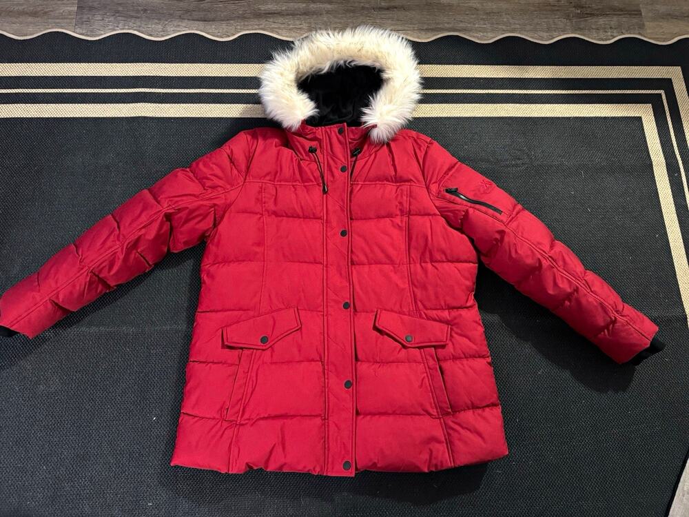 ZeroXposur Black Label Red Hooded Puffer Jacket Faux Fur Trim Mid-Length 2XL